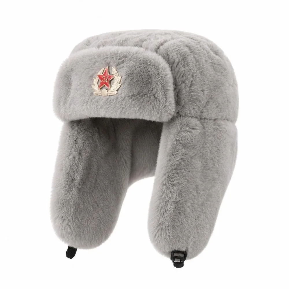Warm Faux Fur Ushanka Hat Badge Detail Ear Protection RussianTrapper Hat Windproof Thermal Insulation Ski Hat For Men Women