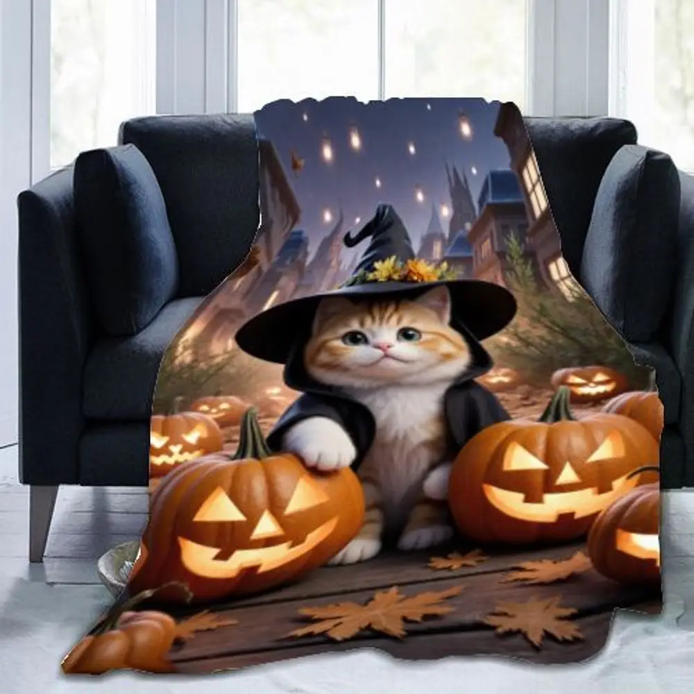 Charmant oranje en wit katje met heksenhoed en Jack-o'-lantaarns - Gezellig Halloween-decor met feestelijke lichtslingers, M