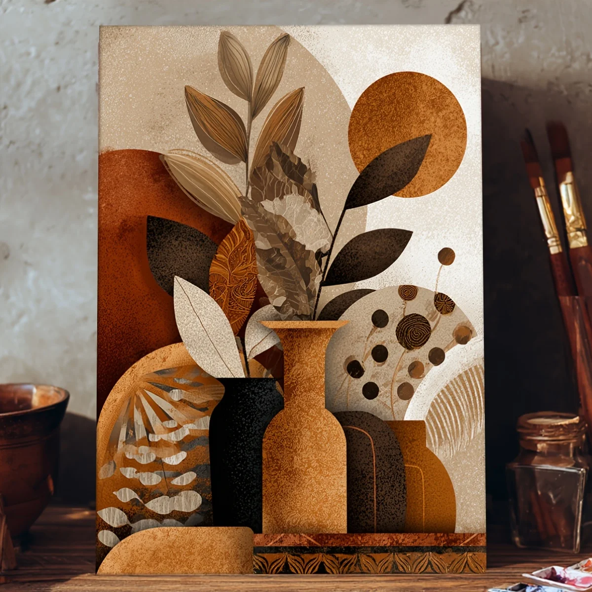 1pc Bohemian Abstract Mid-Century Canvas Painting Modern Wall Art Print Measuring Featuring Botanical Line Art and Geometric