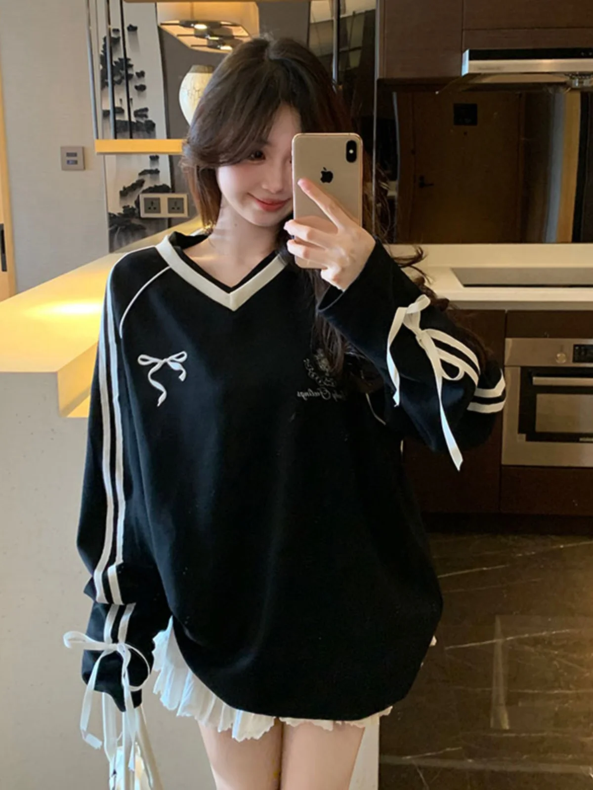 Losse Lange Sve V-Ne Hoodie Dames Plus Size Lente Herfst Buik Die T-shirt Top Amerikaanse Kleur Blo Sport Sle