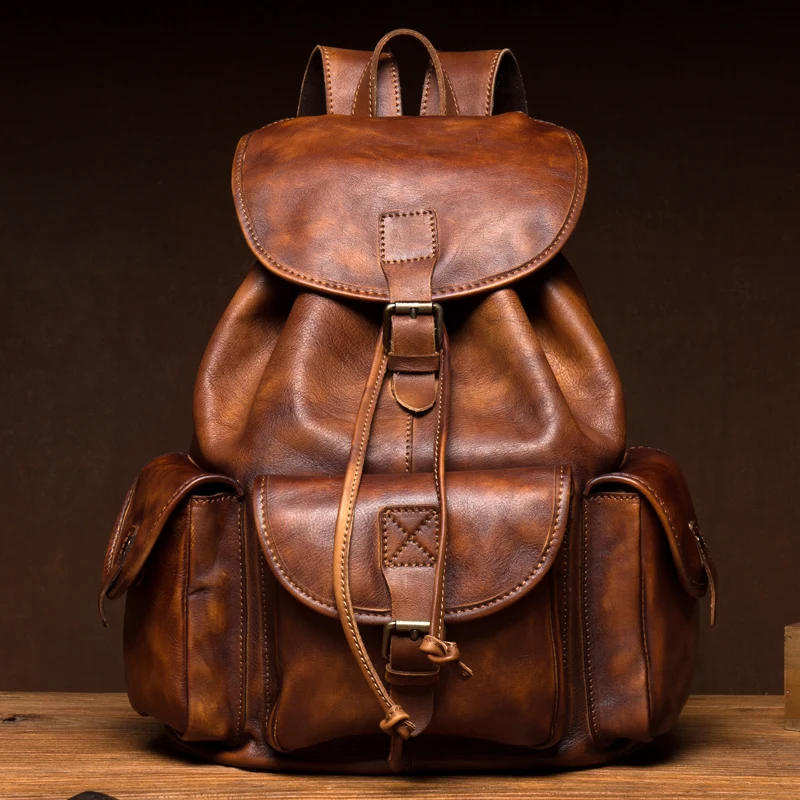 Hand-tanned cowhide backpack casual men's leather backpack travel Baotou layer cowhide commuter computer backpack