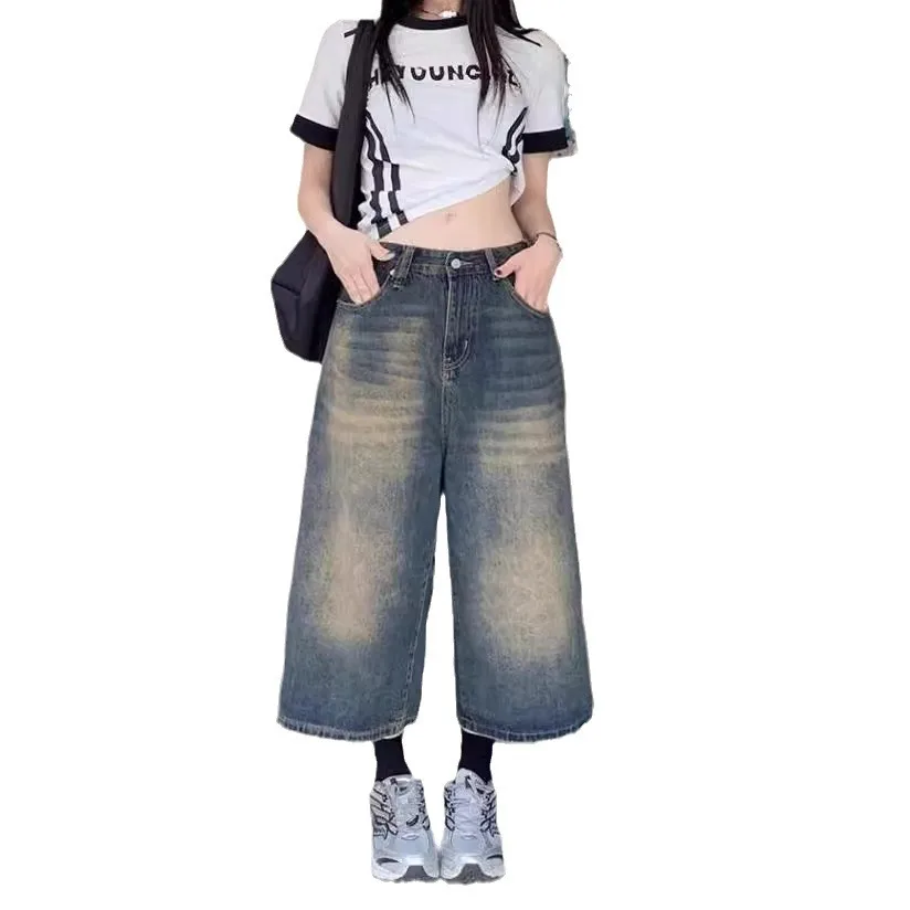 Shorts jeans largos estilo Y2K para mulheres, calças curtas de perna larga, cintura alta, jeans até o joelho, moda feminina, 2022