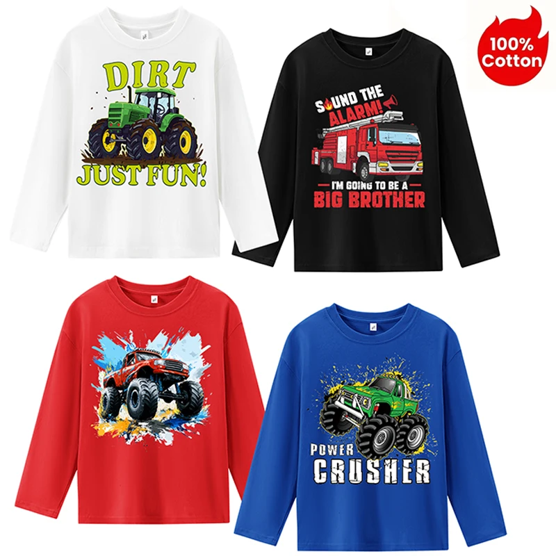 

Boys' round neck long sleeve T-shirt, soft cotton version with engineering vehicle print, comfortable and casual top, 4 pieces