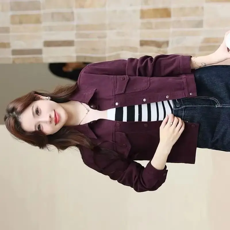 

Denim Jacket Coat For Women 2026 New Spring Autumn Slim Thin Jeans Outerwear Ladies Top Short Purple Wine Red Cowboy Coat