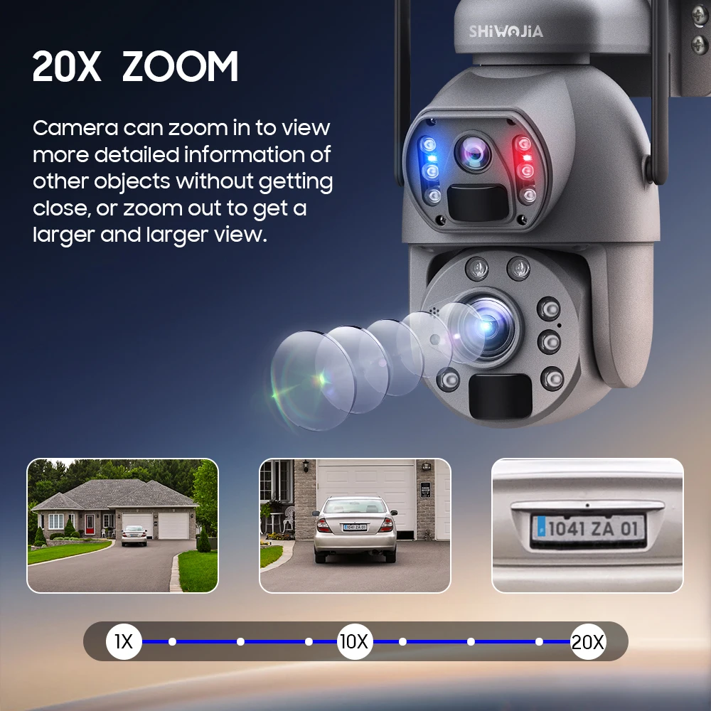 SHIWOJIA Solar Camera 4G Sim 5K 10MP 20X Zoom Dual Lens Recording Humanoid Tracking Outdoor WIFI Camera Metal Waterproof