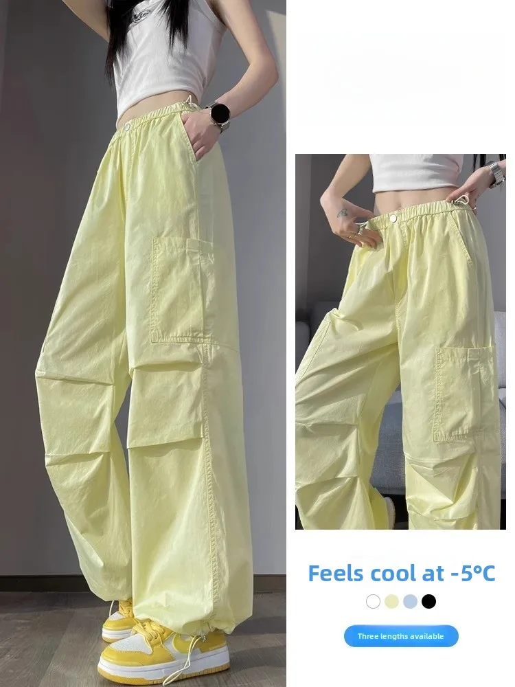 American Style Ice Silk Work Pants Women's Summer Thin Drawstring Paratrooper Pants Quick Dry Multi Dopa Casual Sports Pants