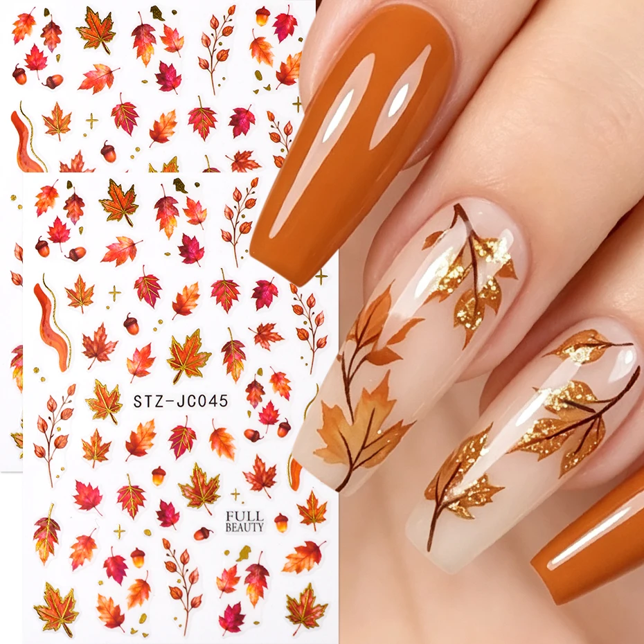 Fall Maple Leaf Curve Line Tip Nail Art Stickers Autumn Oak Leaf Acorn Thanking Harvest Brown Nail Charm Manicure Accessories