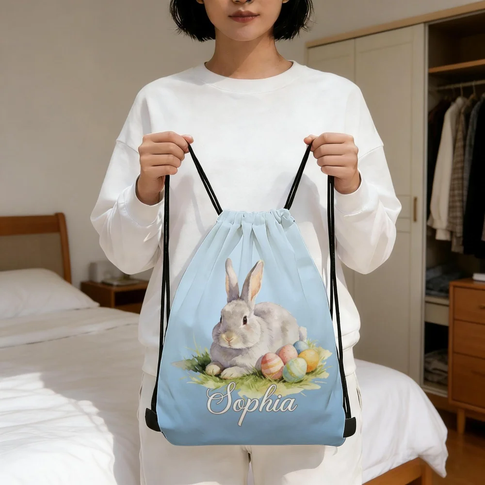 1Pc Custom Name/Text Easter Bunny Design Drawstring Bag,Multi-Color Drawstring Backpack for Playdates, Egg Hunts & School Events