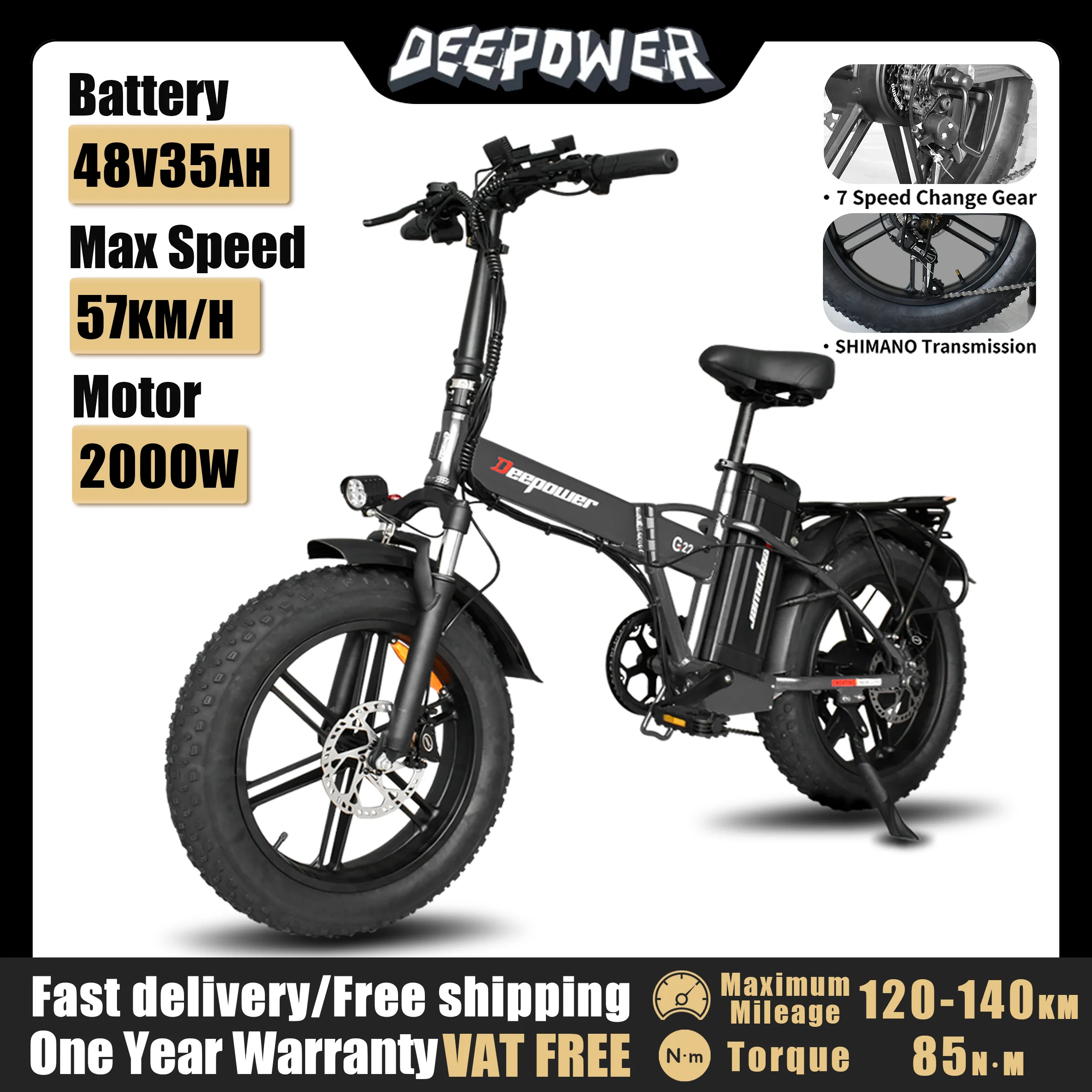 DEEPOWER G22 Electric Bicycle 2000W 48V 35AH 20Inch Fat Tire Electric Bike Folding Mountain Ebike Outdoor Adult Off-Road Bicycle