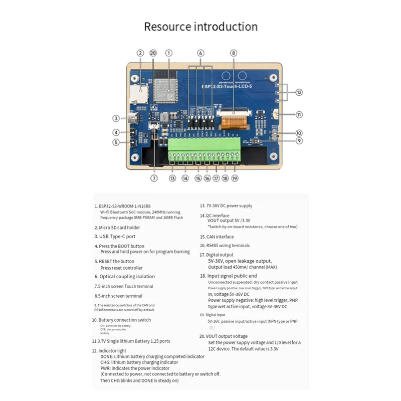 New!!ESP32-S3 5Inch Capacitive Touch Display Development Board 32-Bit LX7 Dual-Core Processor Supports Wifi & BLE Wifi & BLE Sup
