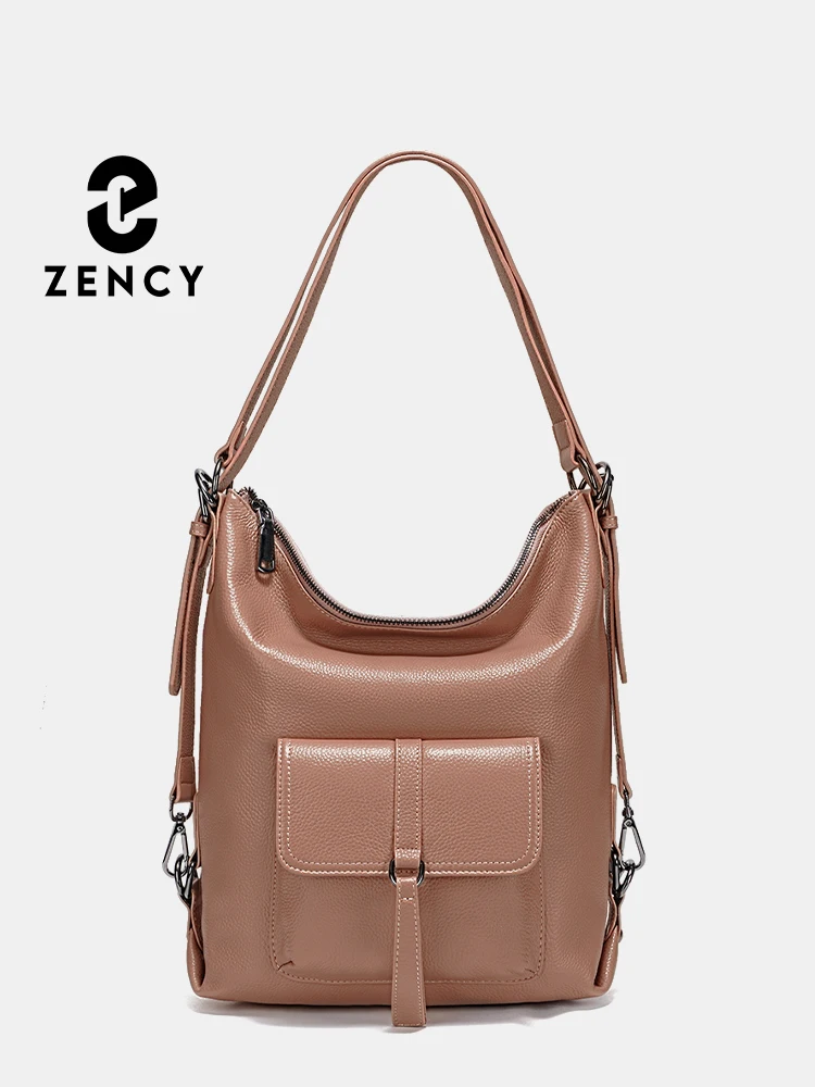 Bolso de hombro Zency elegante para mujer, bolso de mano de gran capacidad de cuero genuino 100%, bolso tipo cartera multifunción, mochila marrón 2 en 1