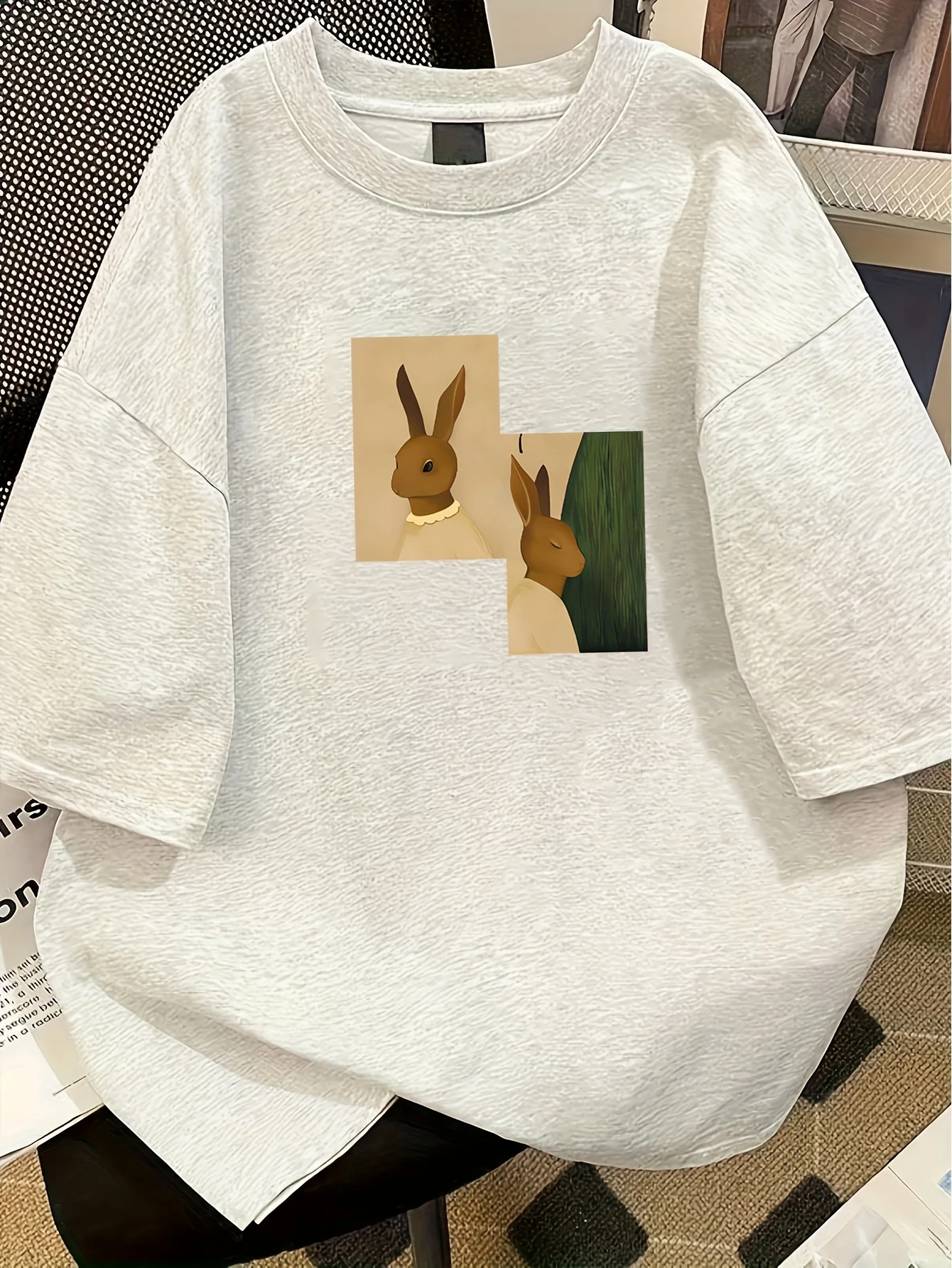 Women's Block Rabbit Printed T-shirt Soft and Breathable Daily Casual Top Women and Teenagers Round Neck Short Sleeve