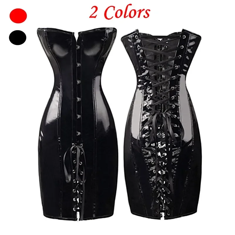 Black Sexy Shiny PVC Leather Long Waist Corset Women's Lace Up Hook Overbust Waist Slimming Bustier Corsets Corselet Plus Size