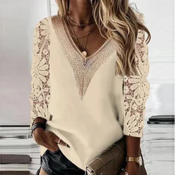 Women Tops Elegant Long Sleeve Blouse Spring V-neck Stitching Hollow Out Lace Chiffon Shirt Casual Loose Clothes Blusas 25948