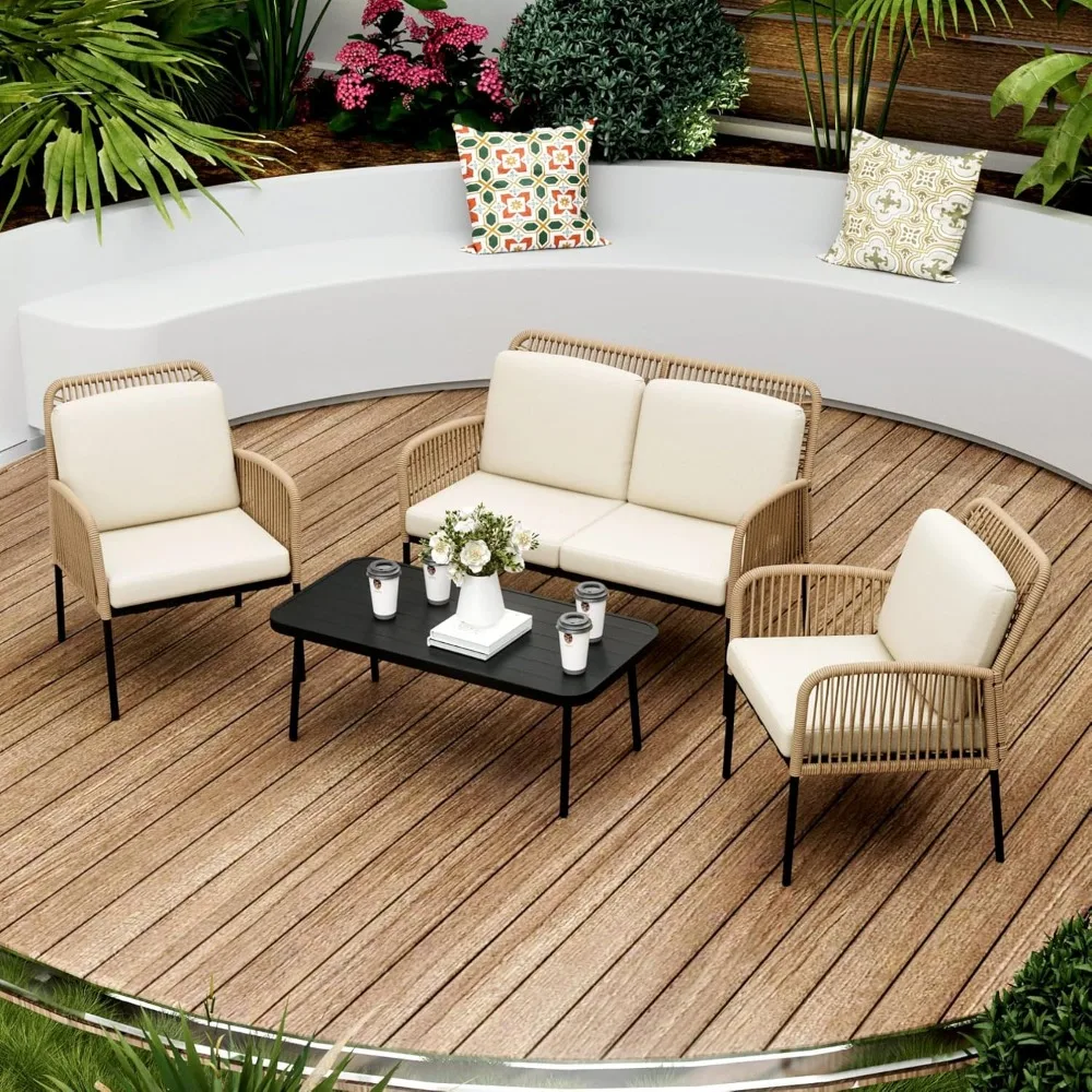 

4 Pieces Patio Furniture Set，Outdoor Conversation Set with 2 Wicker Chair& Loveseat Sofa，All-Weather PE Rattan Loveseat