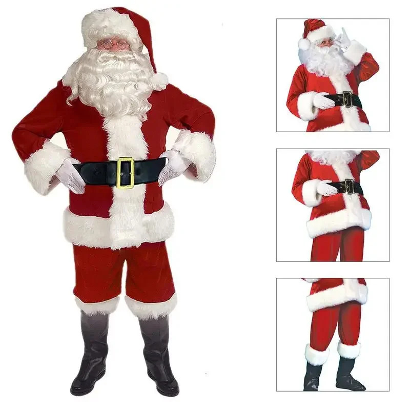 Traje de Papá Noel para adultos, disfraz familiar de 7 piezas para fiesta, Navidad y Año Nuevo