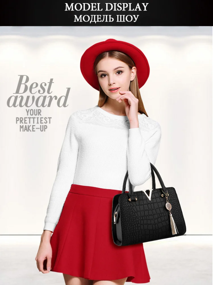 Fashion Women Handbags Tassel PU Leather Totes Bag Top-handle Embroidery Bag Shoulder Bag Lady Simple Style Crocodile pattern