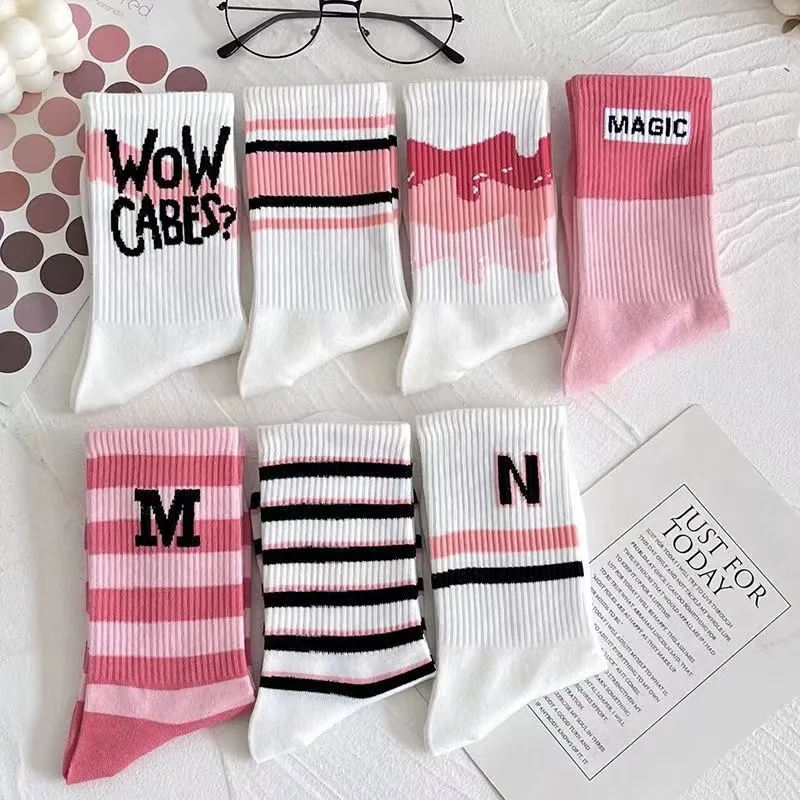 

7 Pairs Spring and Autumn Fashion New Stripe Versatile Sweat Absorbing Breathable Long Socks Pink Alphabet Trendy Women's Socks
