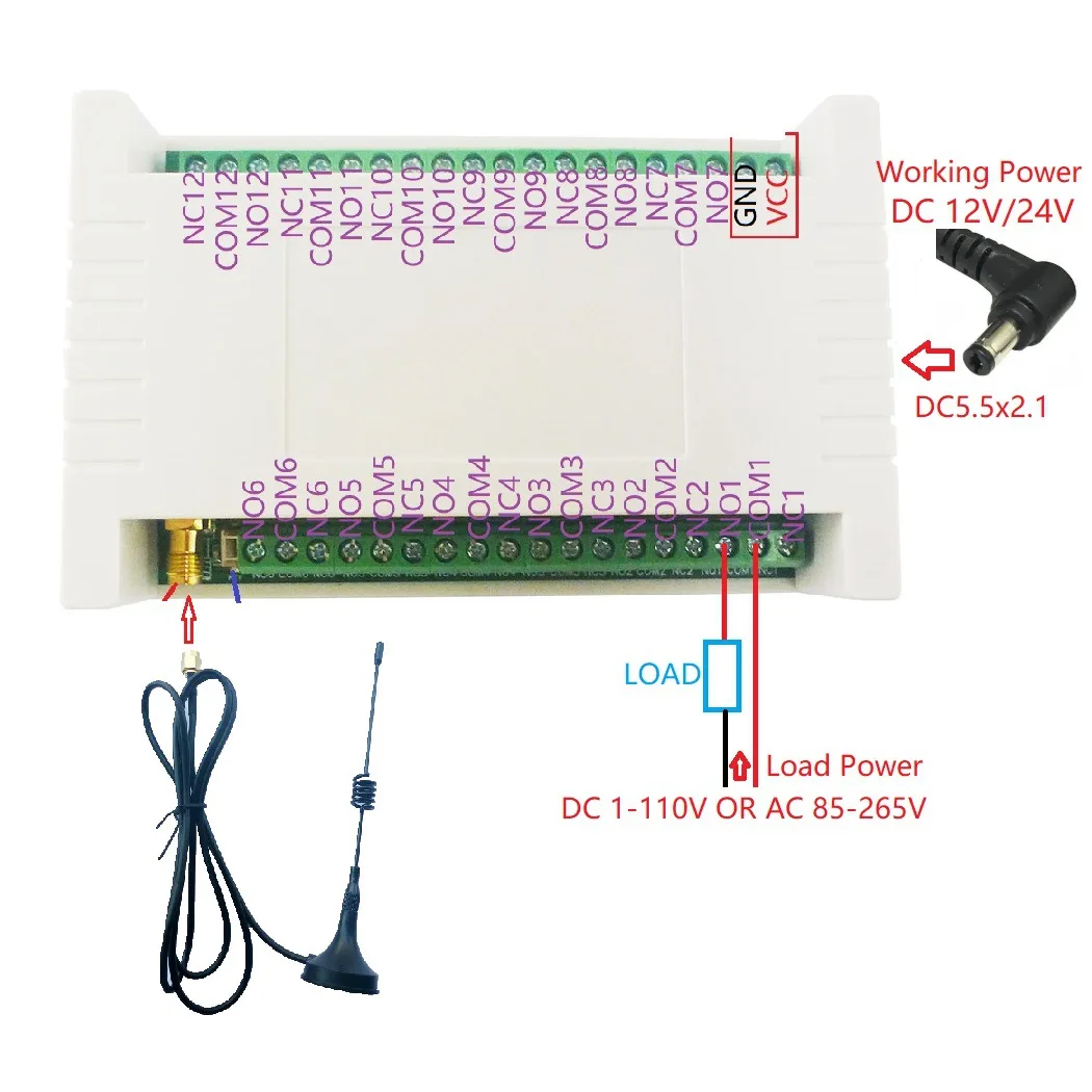 DC12V/24V Wireless Controller Relay Kit 12Ch-121dBm 8MA 12 Key FSK Industrial Grade Rolling Code Remote Control  