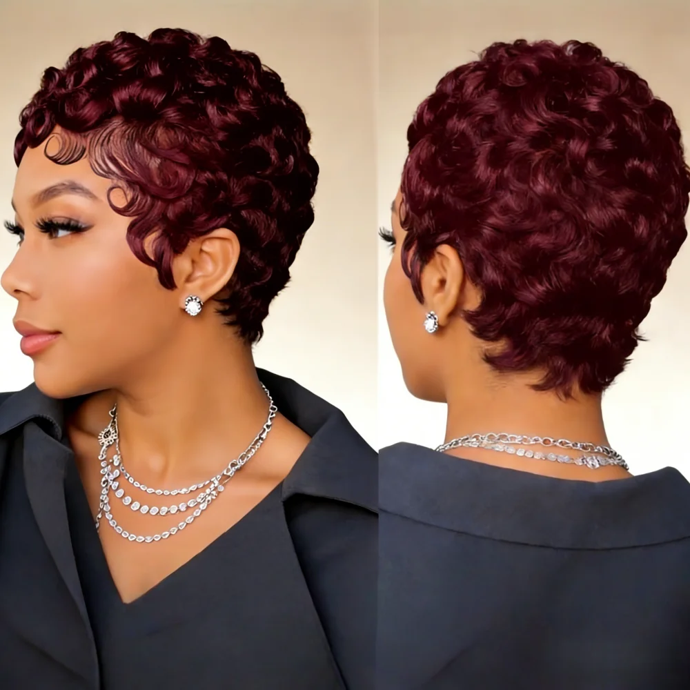 6-Inch Remy Human Hair Pixie Curly Wave Wig with Bangs | 150% Density Full Machine Made Wig, Easy To Wear for Daily Use & Partie image 4