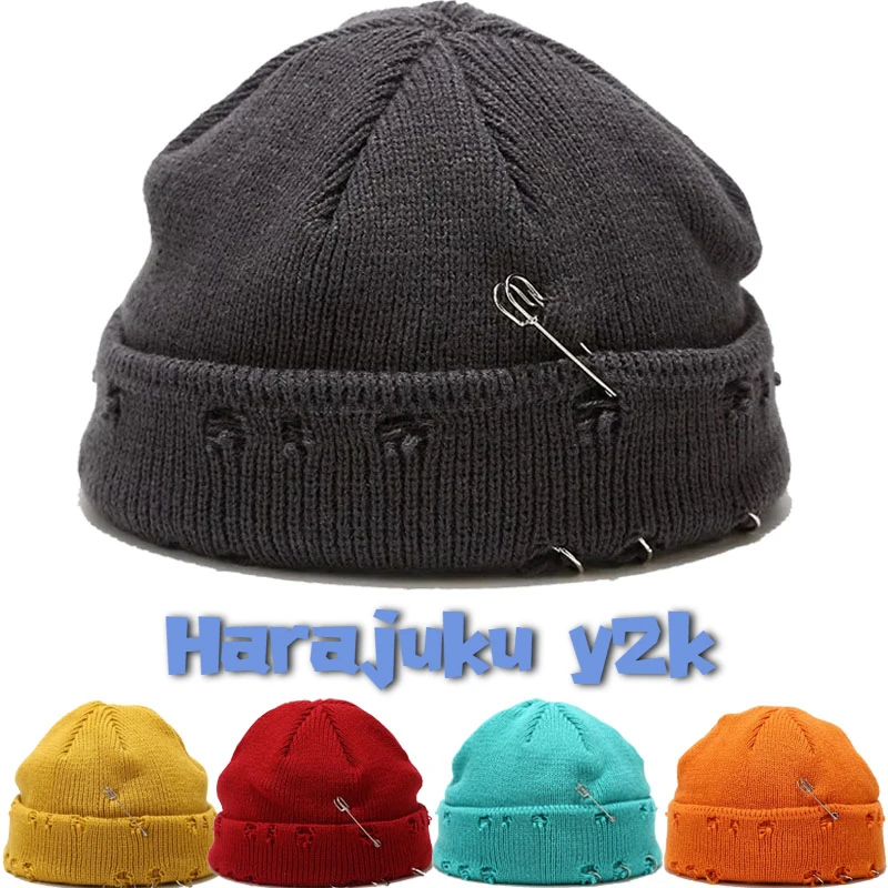 Winter Harajuku Y2k Beanies Knitted Hat Men Fashion Warm Thick Gorro Boys Hip Hop Pin Hole Skullcap Short Hat Unisex Basic Cap