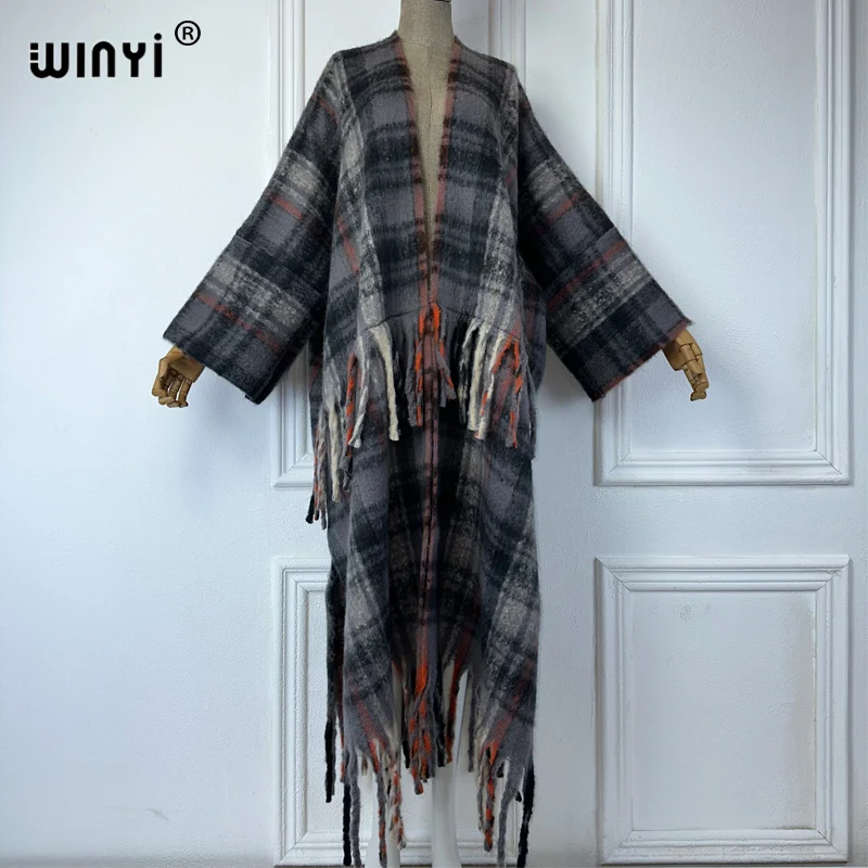 WINYI Africa loose cardigan winter clothes for women check print Luxury Fur coat maxi Thick Warm long down coat tassels jacket