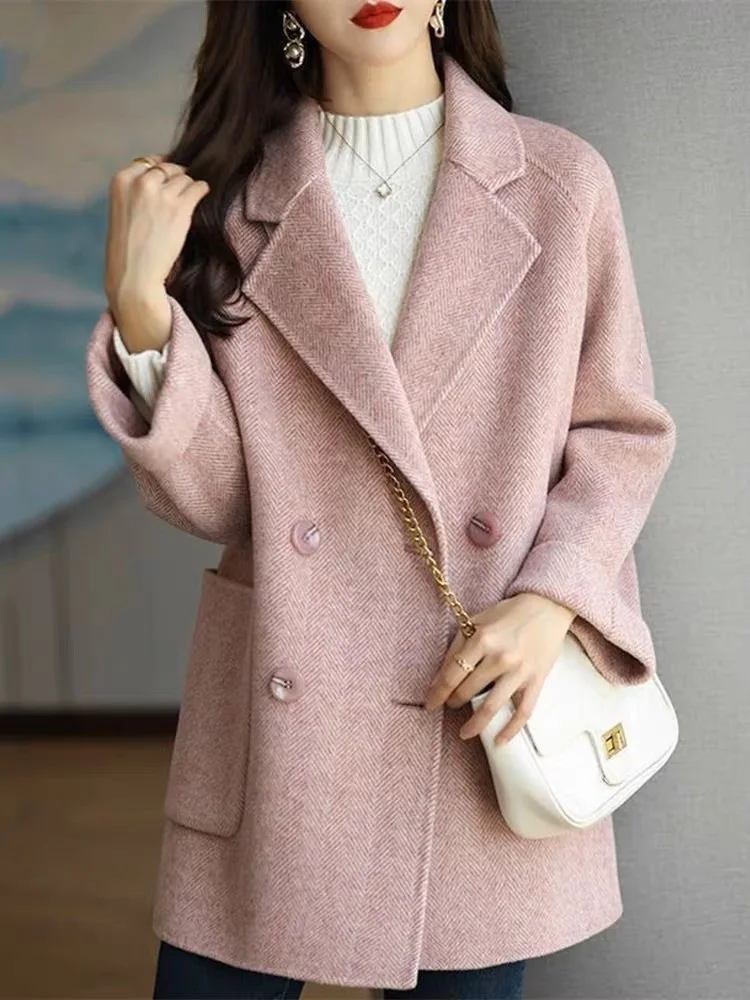 Slimming Tweed Coat Loose Fit Shoulder Lapel Autumn New Style Women's Clothing Casual Elegant Long Sleeve Mid-Length Coat