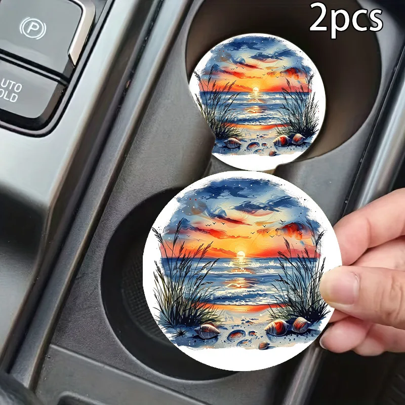 Ocean Coastal Car Cup Holder Coasters 2Pcs Leather Non Slip Water Proof Cup Pad Universal 7cm Auto Coaster Set Easy Clean Vehicl