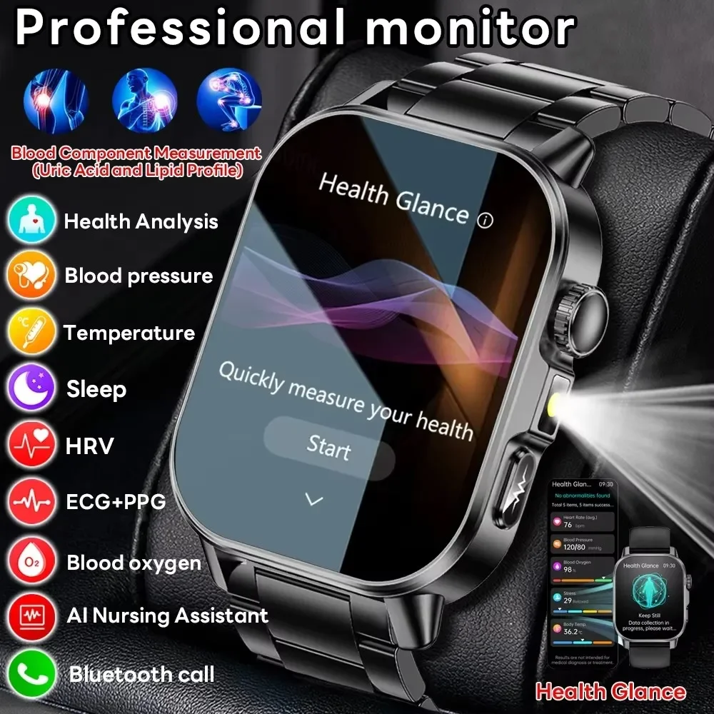 

Новые умные часы для мужчин и женщин, 2-дюймовый HD-дисплей, монитор здоровья ECG+PPG, анализ уровня мочевой кислоты и липидов, Bluetooth-вызов, фонарик, умные часы