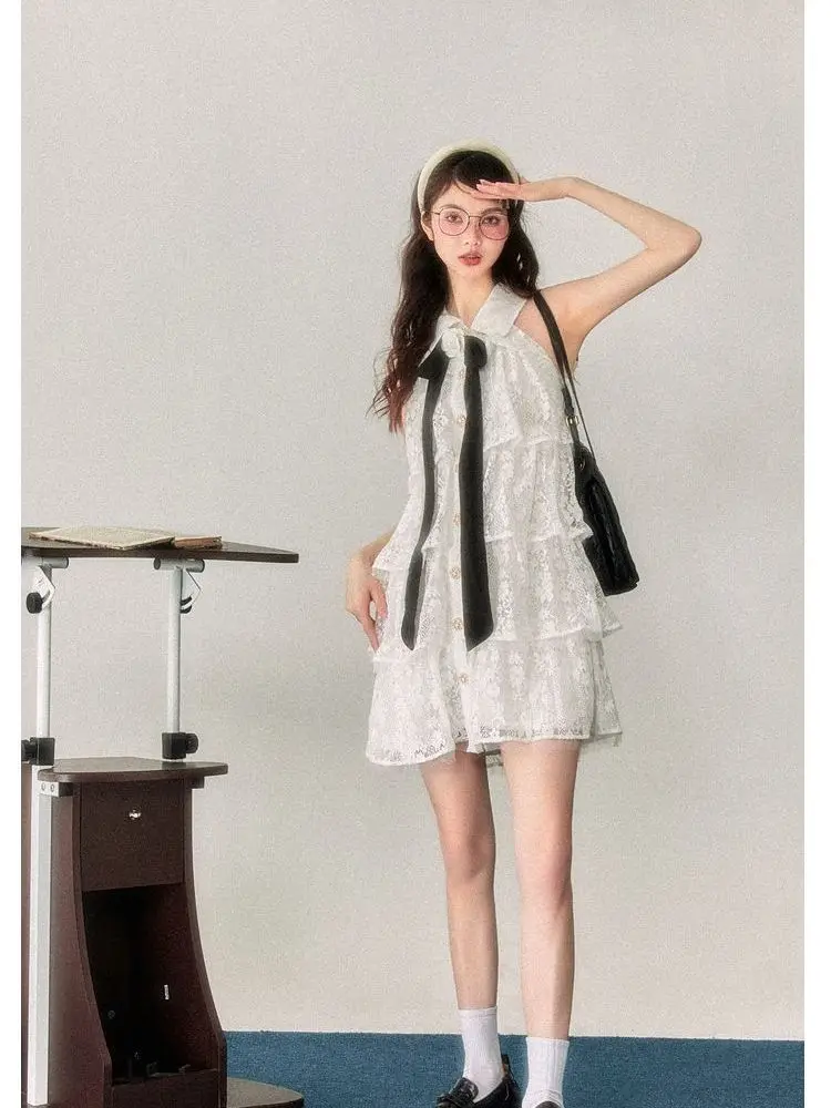 

Dress for Women Summer New High-end Designed Sweet Girl Style Advanced Temperature White Doll Collar Halter Neck Cake Dress