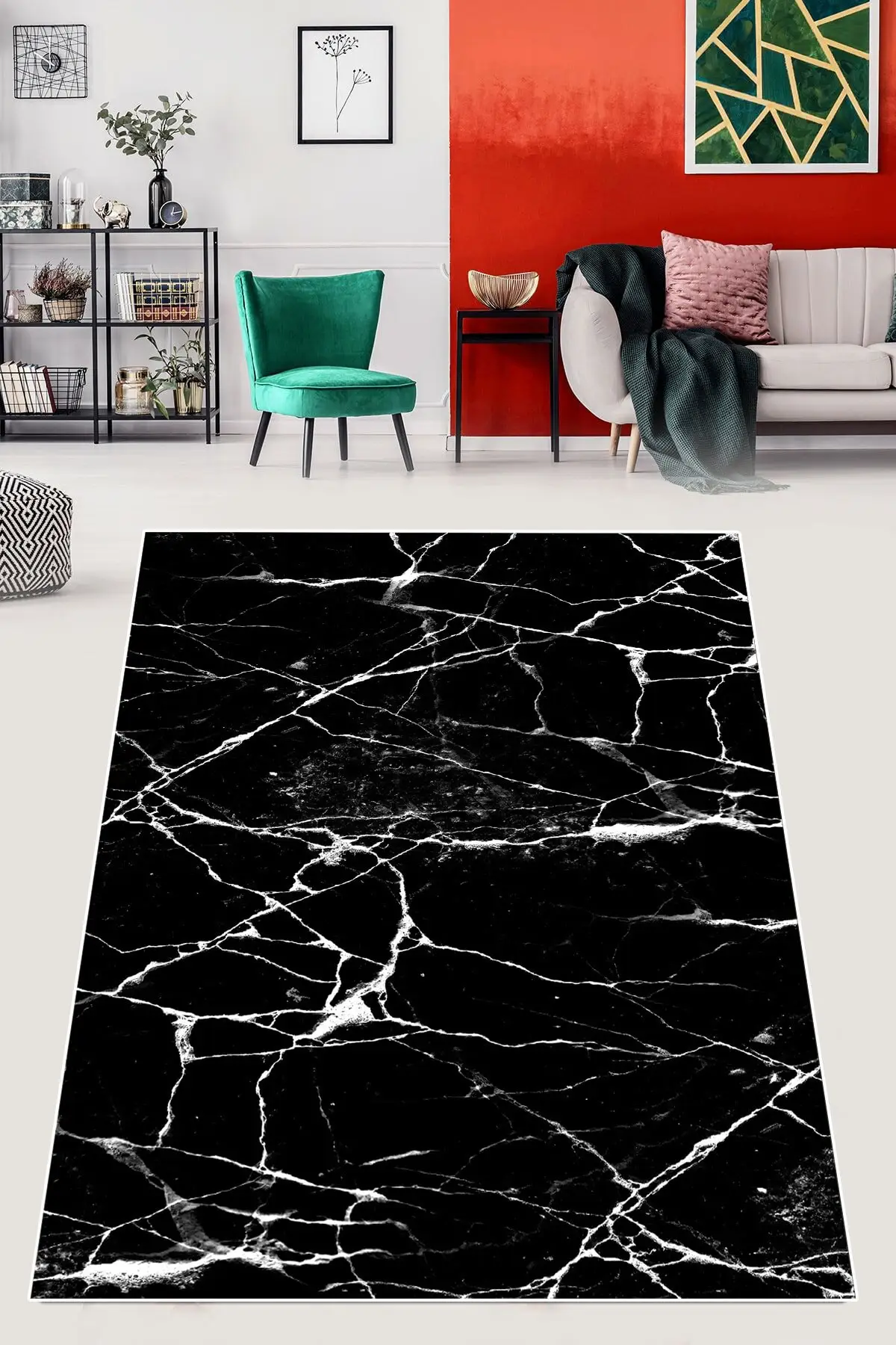 

DOLBOVI black marble patterned color digital printing washable non-slip sole Modern living room carpet and runner.