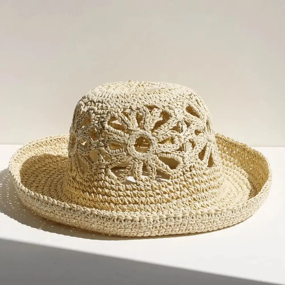 

Flower Handmade Hand-woven Straw Hat Simple Design Straw Material Fisherman Hat UV Protection Breathable Panama Straw Hat Beach