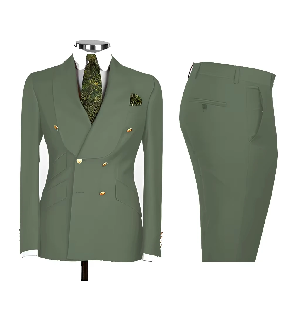 Light Blue Men's Suits Chic Double Breasted Blazer Peak Lapel Elegant Formal Set Male 2 Piece Jacket Pants Wedding Groom Tuxedos