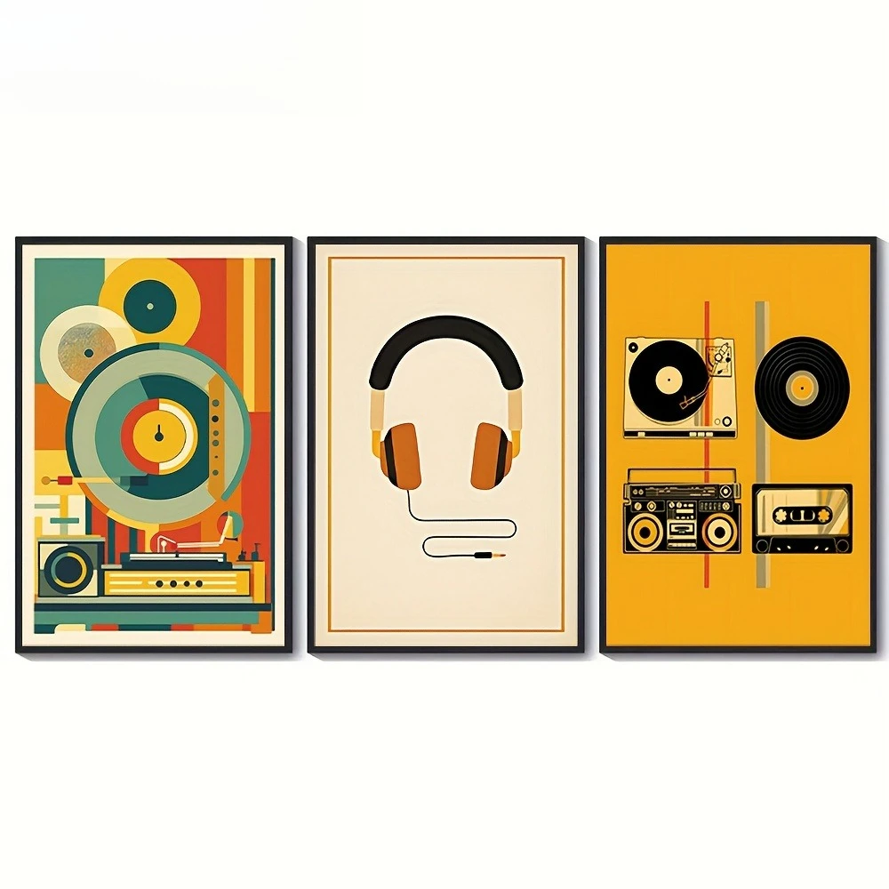3pcs Retro Music Art Phonograph Radio Headphones Vinyl Records Cassette Tapes Elements Canvas Posters Paintings Borderless