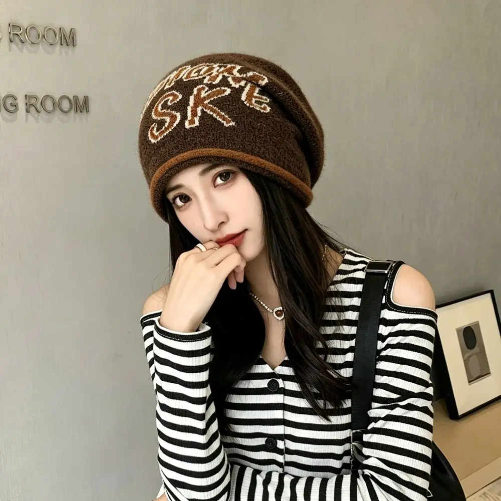 Stylish Large Head Size Knitted Hat Jacquard Letter Beanie Windproof Beanies Hat Keep Warm Bucket Hat Autumn Winter