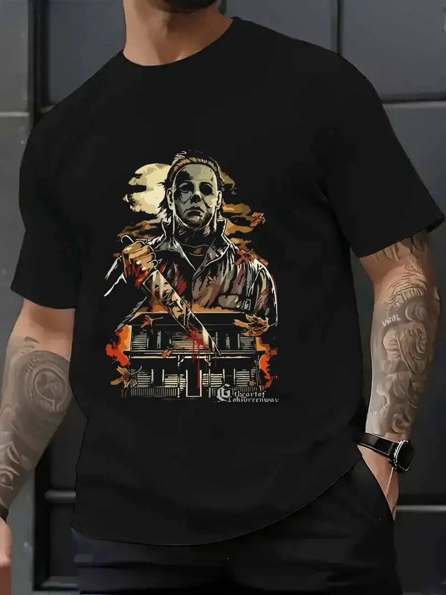 Men's Tee Horror Movie Graphics Unique Prints 220G Heavy Tshirt (1Pcs) 100% Cotton Trendy Y2K Short-Sleeve Tee-Soft,