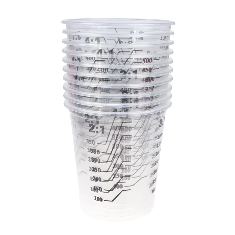 Copos de mistura de plástico transparente de 500ml, 10 peças-pote de mistura de tinta calibrada descartável com marcação de medição, design fácil de derramar