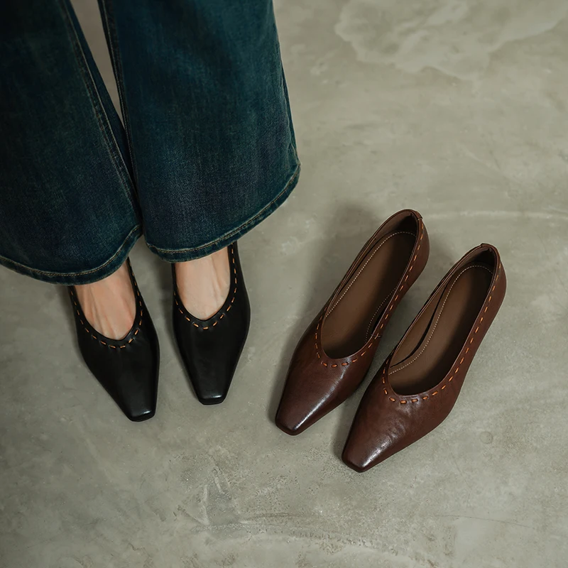 2026 new spring autumn women pumps natural leather 22-25 cm cowhide+sheepskin square toe high heel women shoes fashion loafers