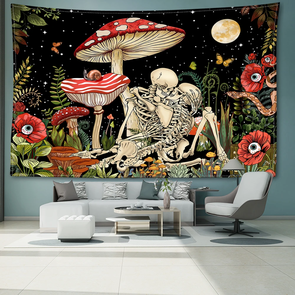 Mushroom And Skeleton Tapestry Wall Hanging Psychedelic Witchcraft Hippie Abstract Scenery Dormitory Bedroom Home Decor