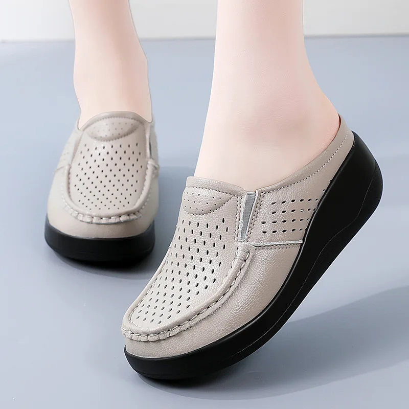 Summer New Women Platform Slipper Ladies Genuine Leather Comfort Wedge Moccasins Slingbacks Shoes Slip on Women Casual Shoes