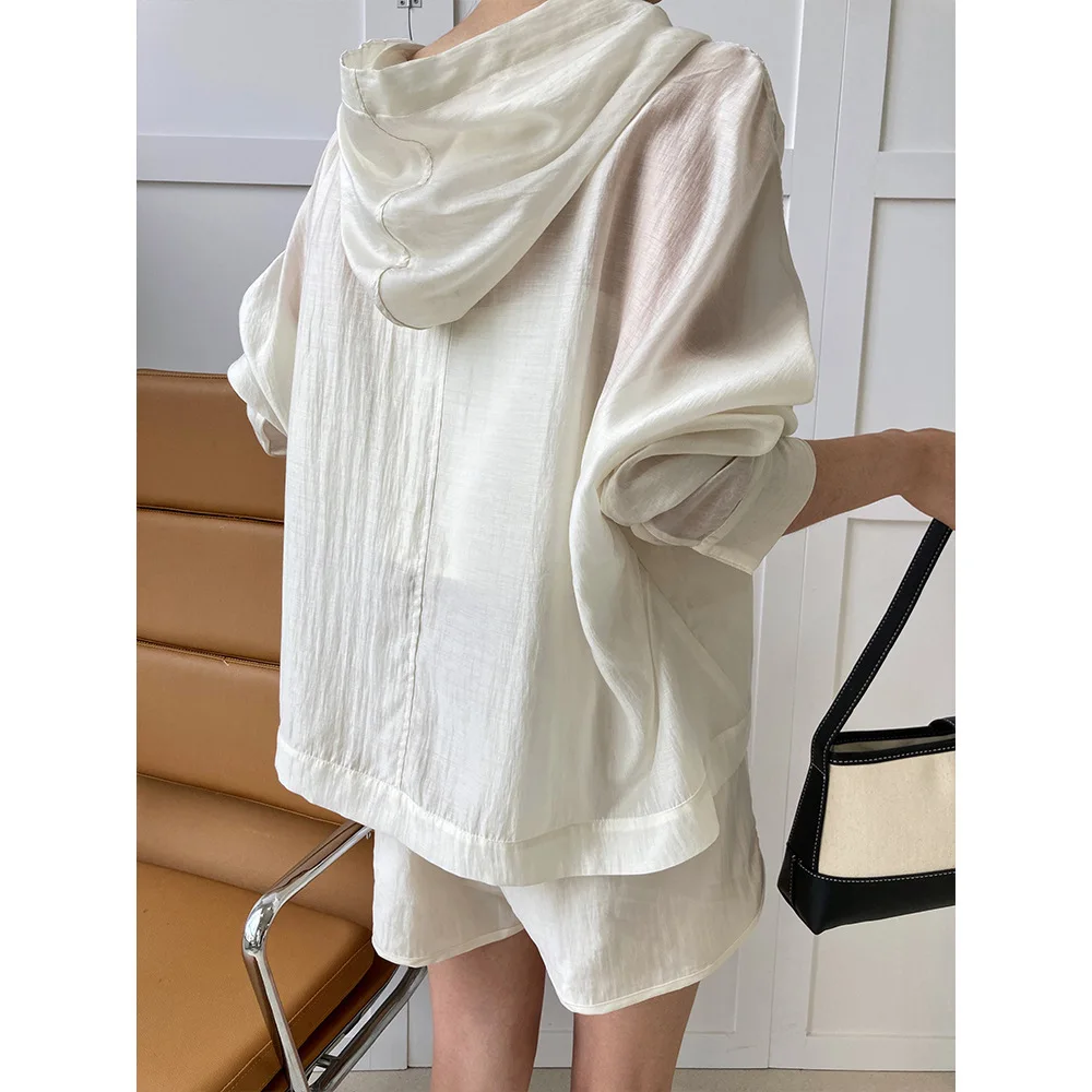 Casual Hooded Tencel ครีมกันแดด + กางเกงขาสั้นสองชิ้นชุดสตรีฤดูร้อนบางกีฬากลางแจ้งชุด 2310