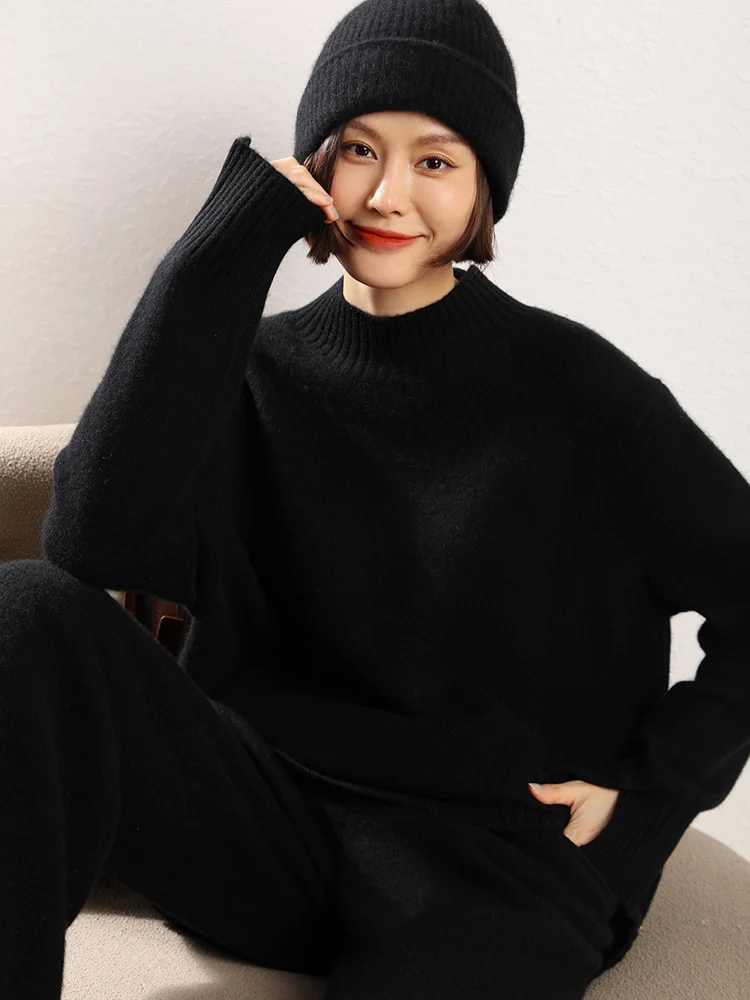 Korean Popular Women's Sweater Pullover 100% Cashmere Winter Sweater Mock Neck Pullover Split Cuff Thicked Warm Female Clothing