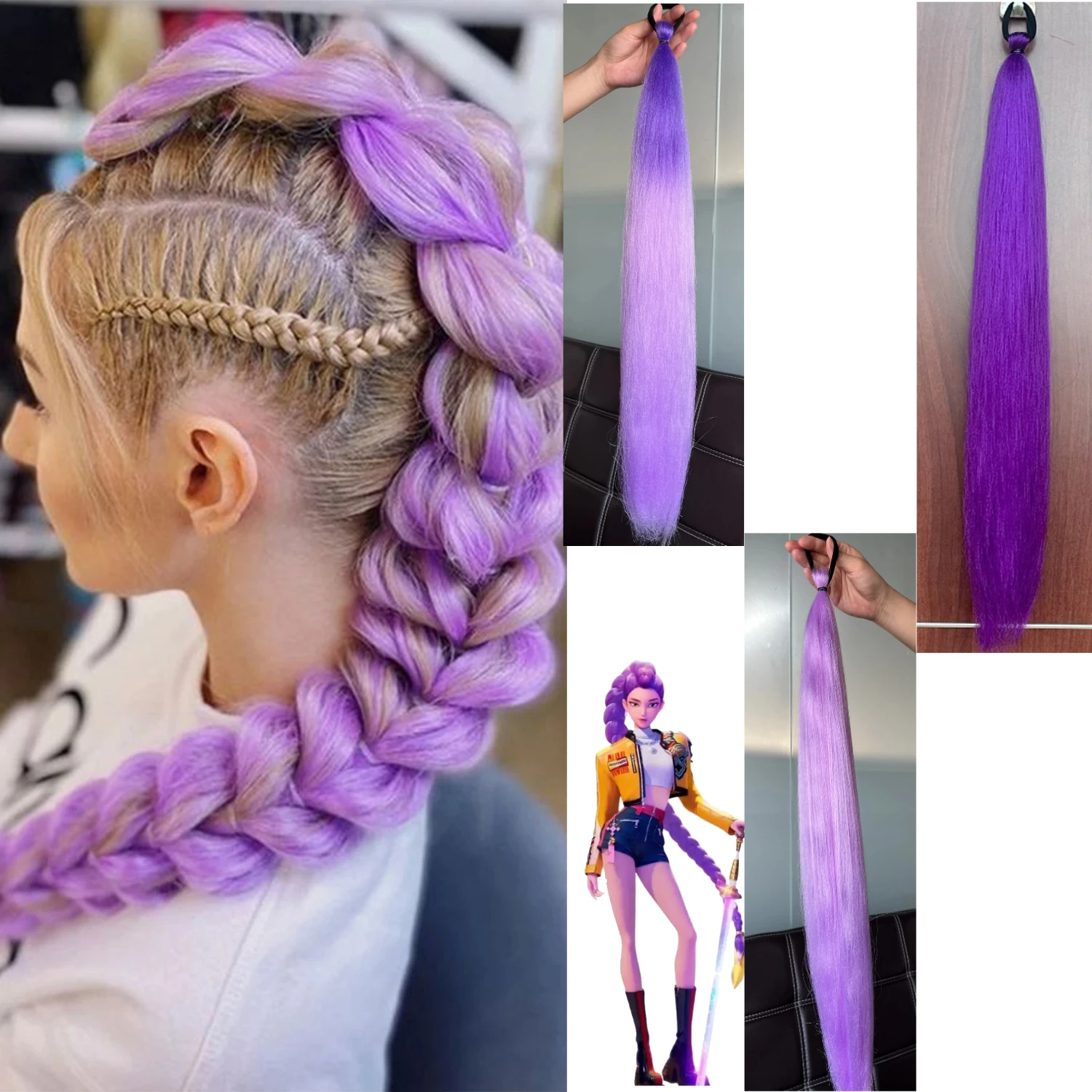 

Rumi Purple Synthetic Ponytail Braided Hair Cord Cosplay Long Straight Ponytail Women's Halloween Costume Hair Accessory