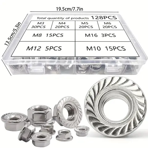 128pcs Flange Nuts, Hexagonal Fastening Nuts, Anti-slip Toothed Flange Covers, M3 M4 M5 M6 M8 M10 M12 M16