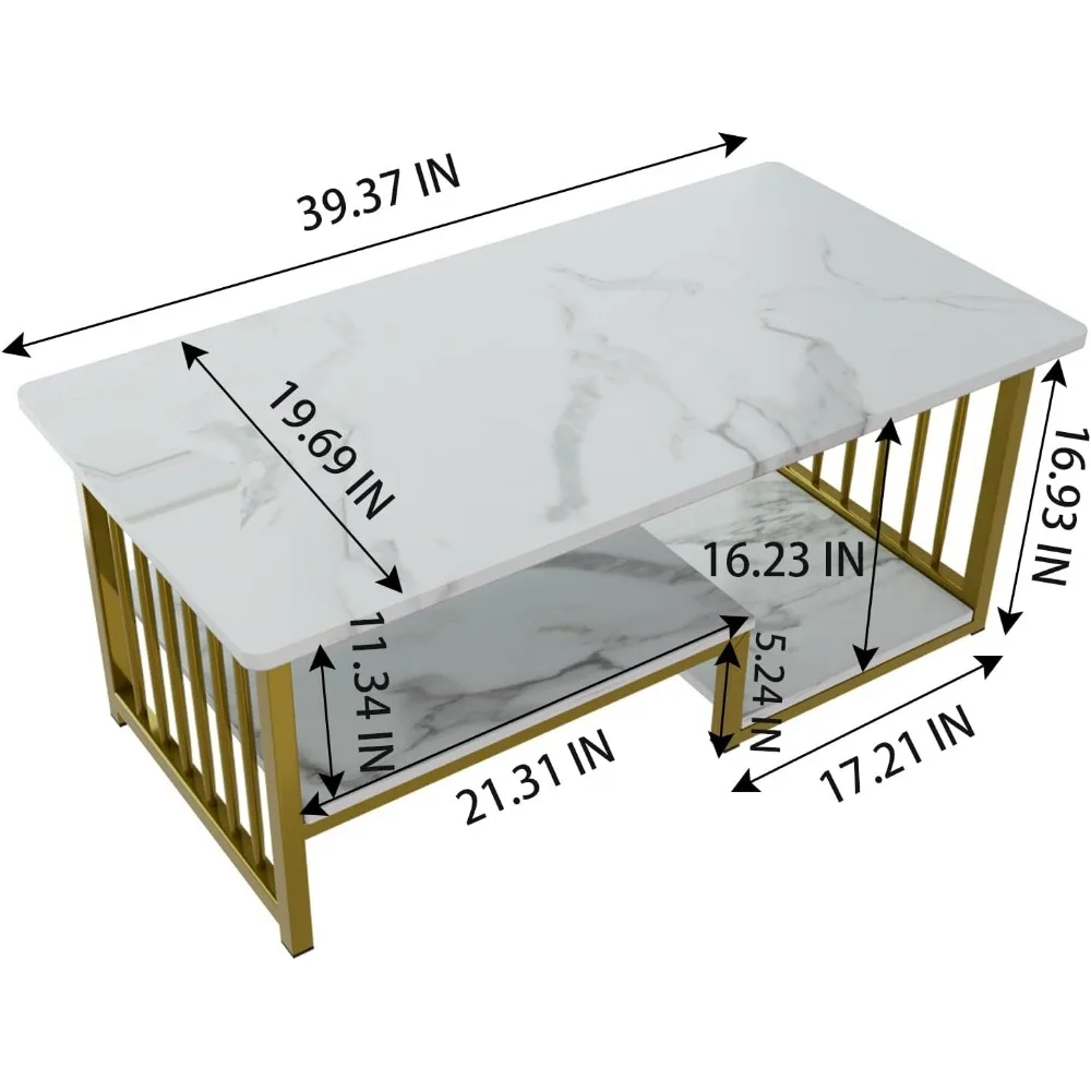 Coffee Table White Faux Marble 2-Tiers Large Rectangular Side End Table with Storage Shelf for Wooden Couch Coffee Tables