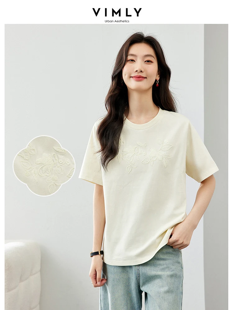 

VIMLY Women's Elegant Chinese Style Embroidery Short Sleeve Basic T-Shirt Summer Casual Round Neck Cotton Bottoming Blouse Top