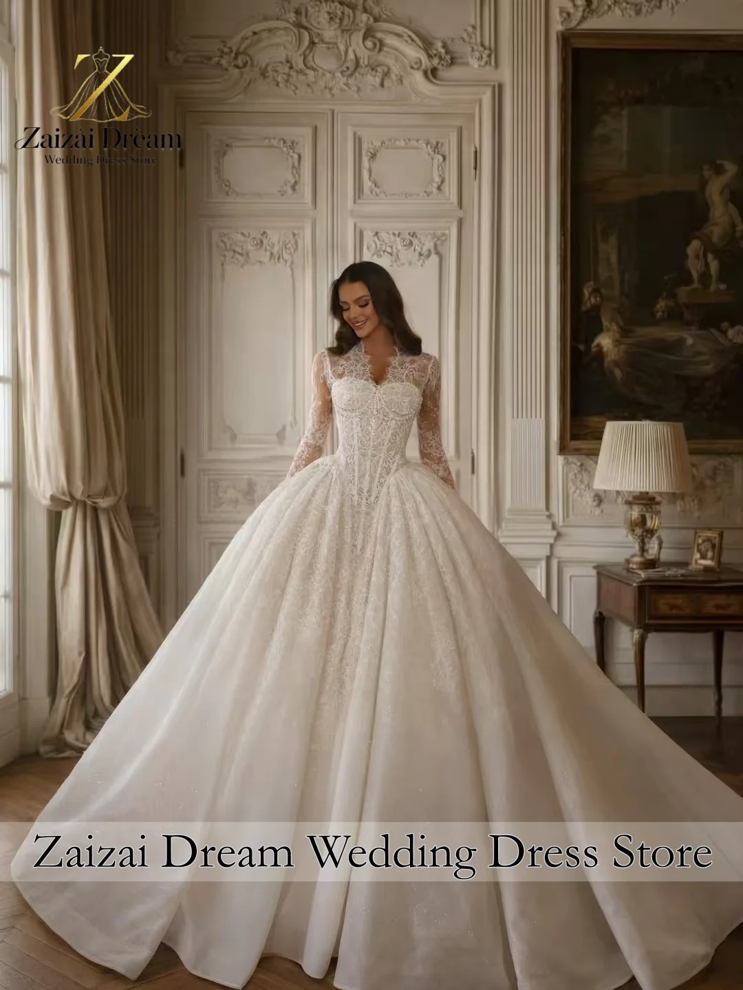 Customzied Luxury Royal Lace Wedding Dress Long Sleeves V Neck Bridal Gown Sparkly Train Dress Vestido De Novia