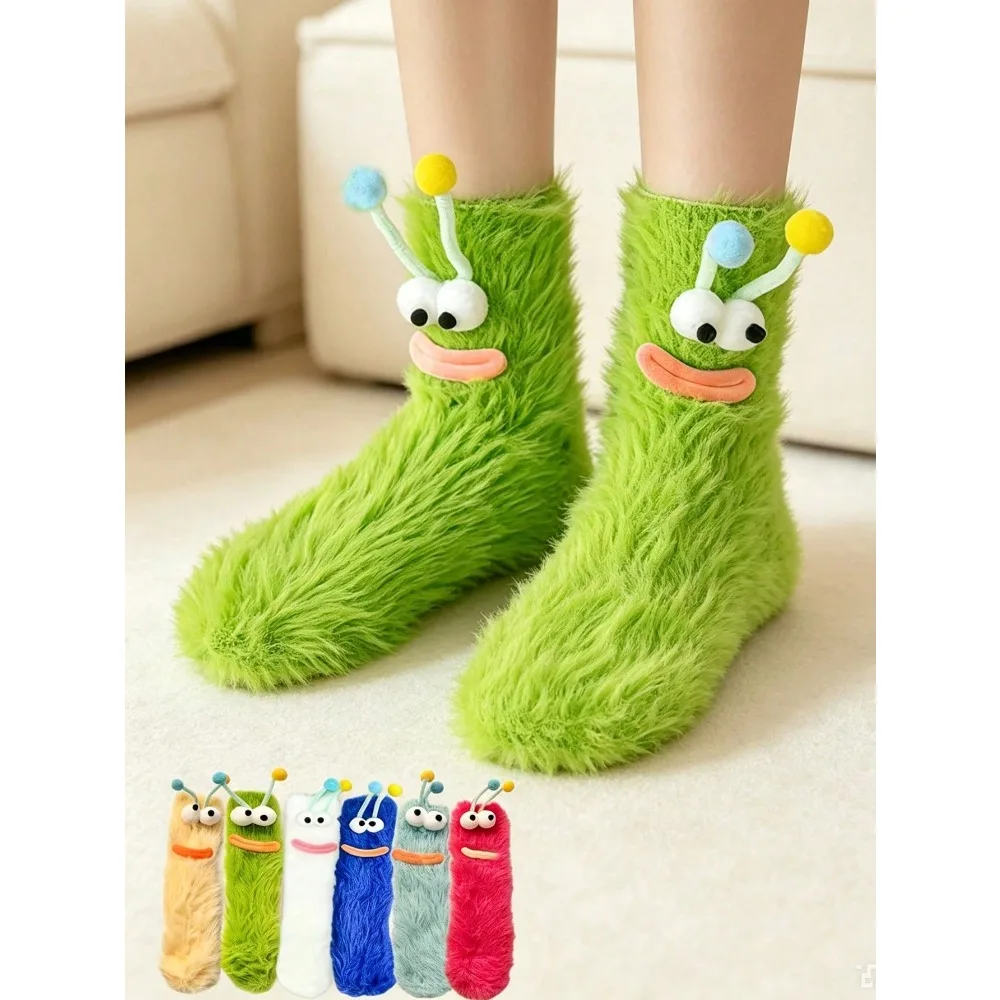 Creative Three-dimensional Big-eyed Monster Plush Socks for Women,autumn and Winter Thickened Warm Coral Fleece Home Floor Socks