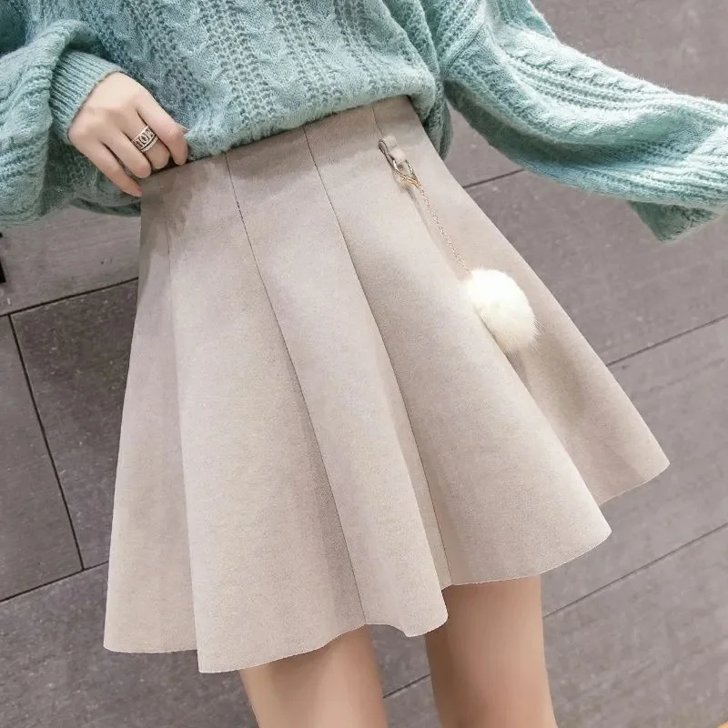 Autumn Winter Feminine Pleated Short Skirt Ladies Leisure Mao's A-line Skirt Korean Women Fashion Lattice High Waist Maxi Skirt