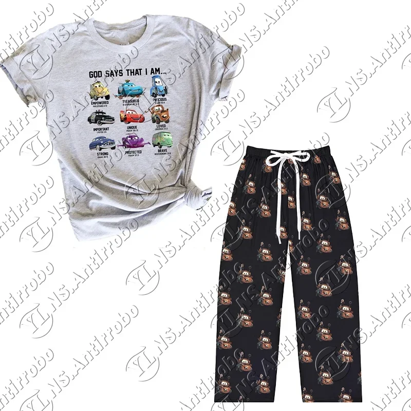 2025 Lightning McQueen & Sally Couple Loungewear Set Oversized Summer T-Shirt with Pajama Pants for Adults/Kids Home Outf